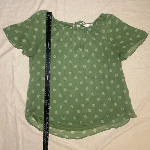 LC Lauren Conrad Green Polka Dot Womens L Blouse Flowy Sheer Chiffon Boho EUC - Picture 7 of 8